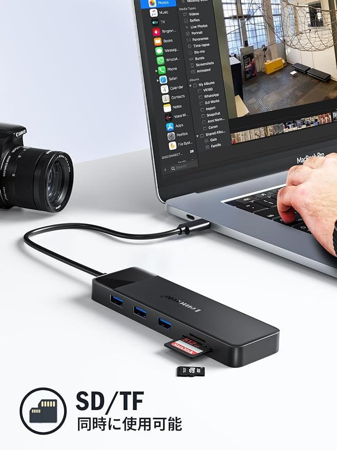 USB-Cを使用してSD/TFカードを同時に利用することで、デジカメで撮影した写真や映像を簡単に転送